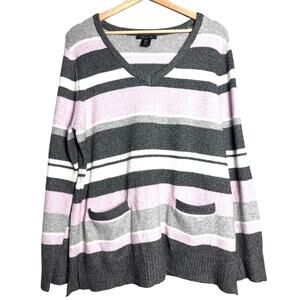 Tahari Medium Striped Knit Sweater Gray Lavender White | Cozy Soft V-Neck